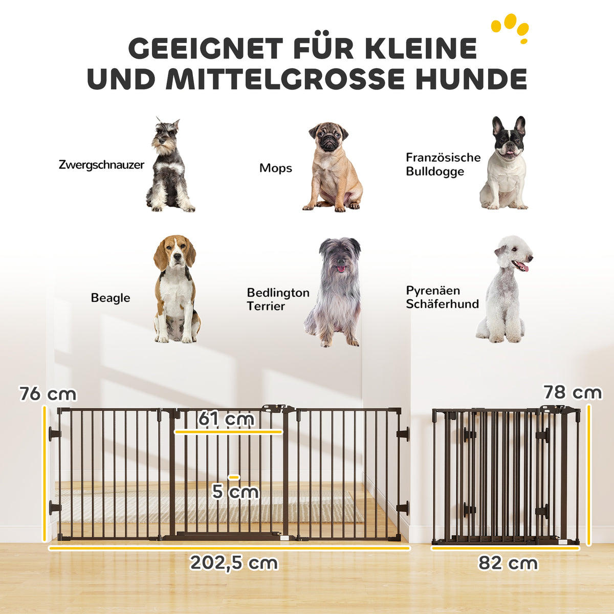 Absperrgitter Hund Freistehendes Verstellbares Schutzgitter 202,5 x 76 cm Hundegitter Klappbar Türschutzgitter Hundeabsperrgitter für Treppen, Türen, Küche, Flur, 3 Paneelen, Schwarz