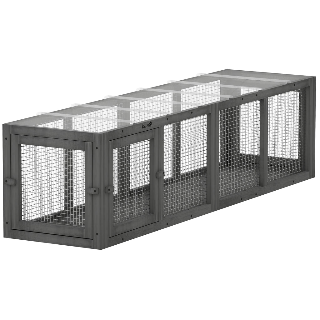 Katzentunnel Katzenspielzeug aus Holz mit 3 Türen, erweiterbar Spieltunnel für Katzen bis 10 kg, 151,5 x 38,5 cm Grau