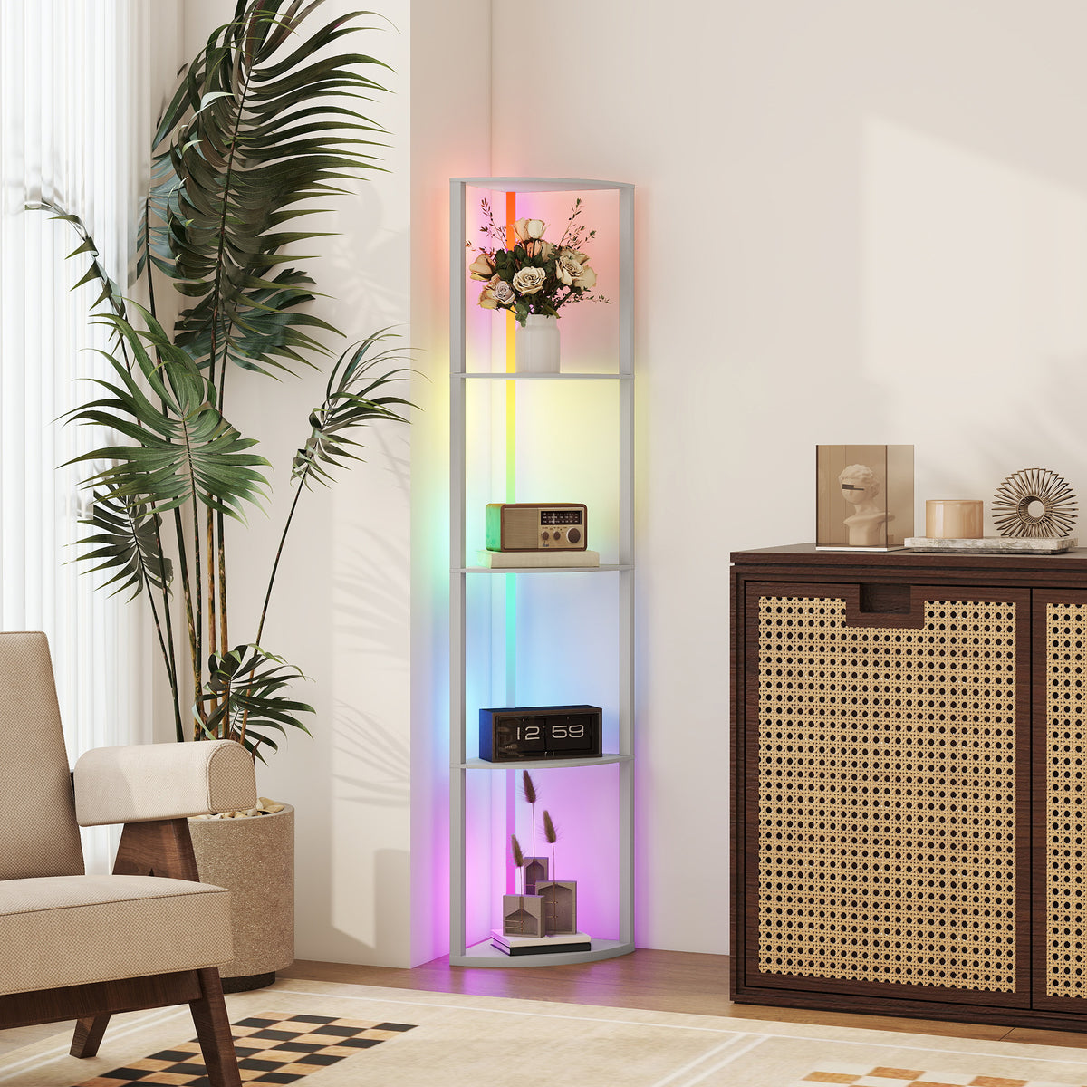 LED Stehlampe 5-stufige dimmbar Stehleuchte mit Regal, RGB Farbwechsel, Fernbedienung
