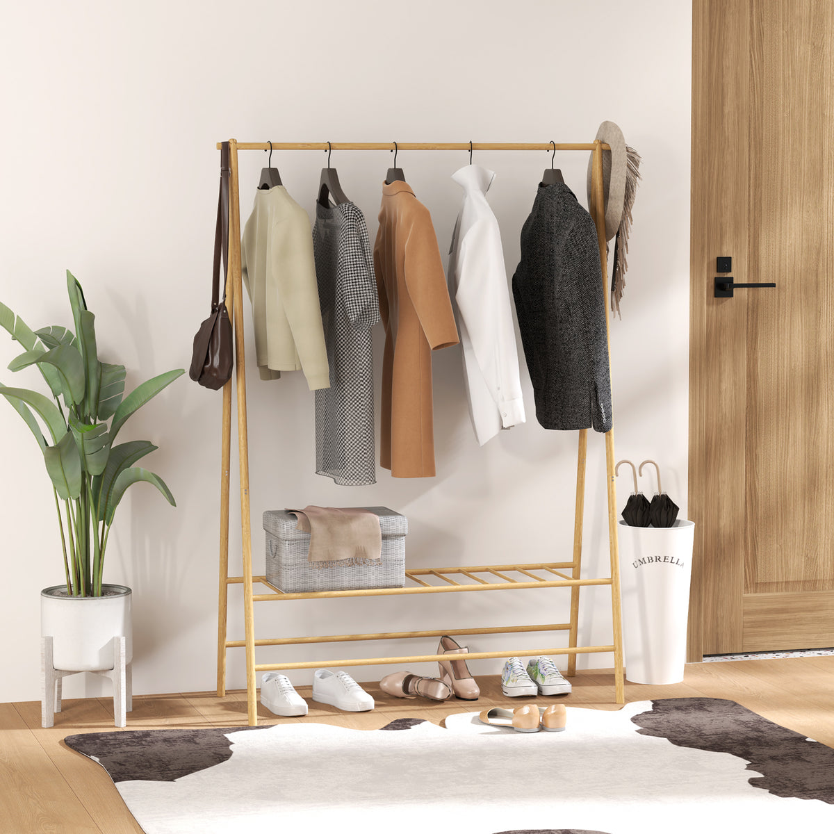 Bambus-Kleiderständer mit Schuhregal und Haken, freistehend, für Eingangsbereich, Schlafzimmer, Naturholz