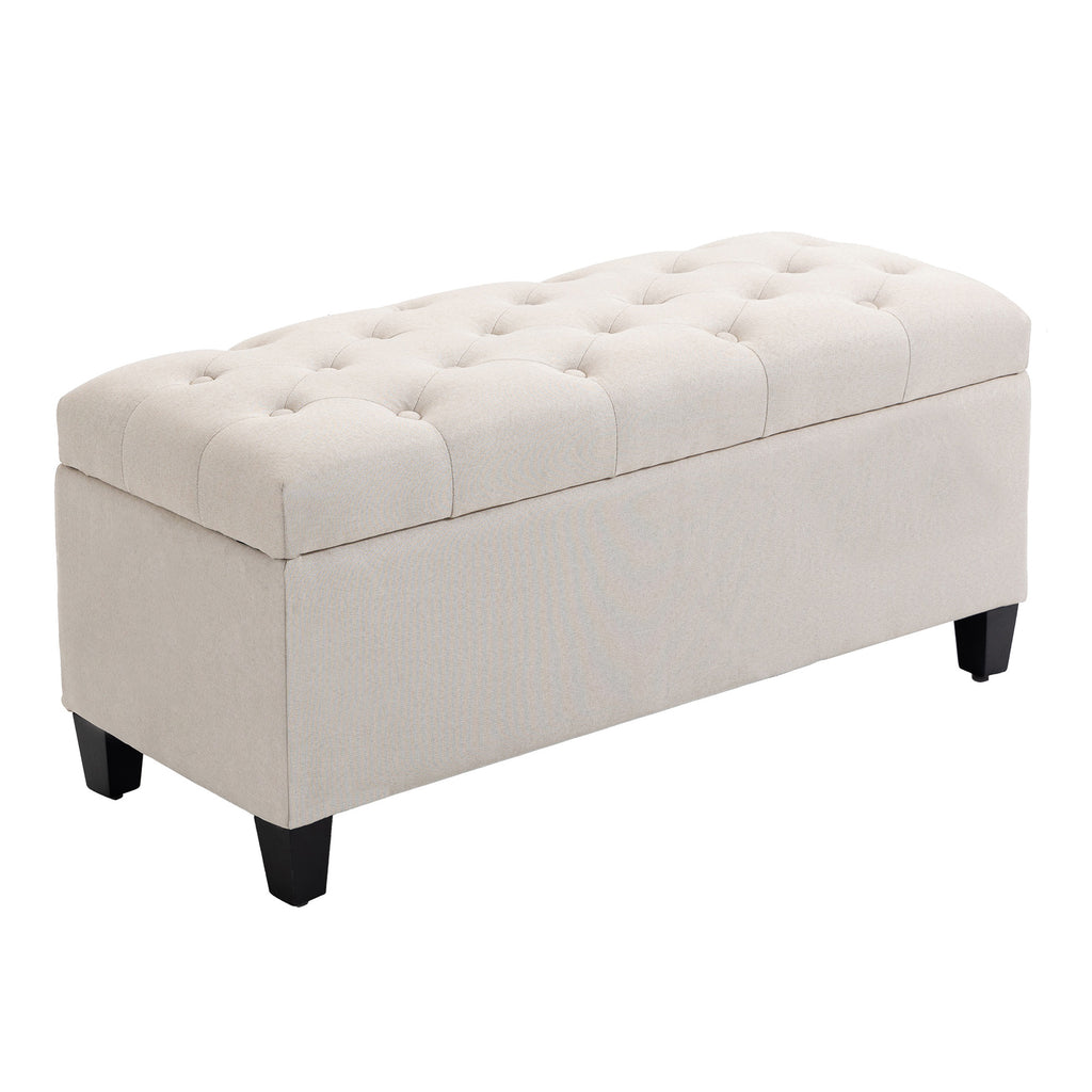 Sitzbank mit Stauraum Polsterbank mit Leinenoptik, Sitztruhe mit Holzbeine, Truhenbank für Wohnzimmer Schlafzimmer Flur 100 x 40 x 44 cm Cremeweiß