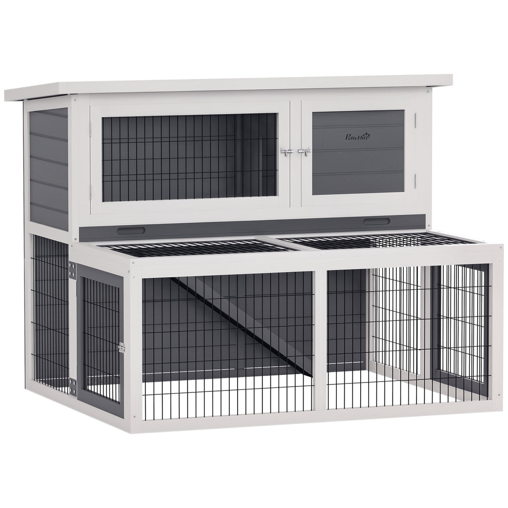 Hasenstall 2 Ebenen mit klappbar Dach Kaninchenstall aus Vollholz Winterfest Doppelstockhaus 122x95x93,5 cm Grau