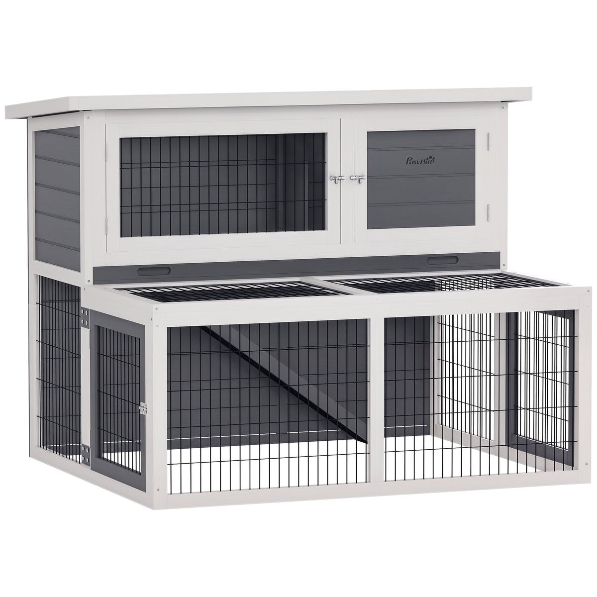 Hasenstall 2 Ebenen mit klappbar Dach Kaninchenstall aus Vollholz Winterfest Doppelstockhaus 122x95x93,5 cm Grau