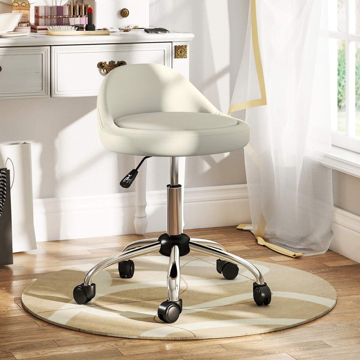 Arbeitshocker Drehhocker Rollhocker, höhenverstellbar, drehbare Sitzfläche, 50cm x 50 cm x 83 cm, Weiß