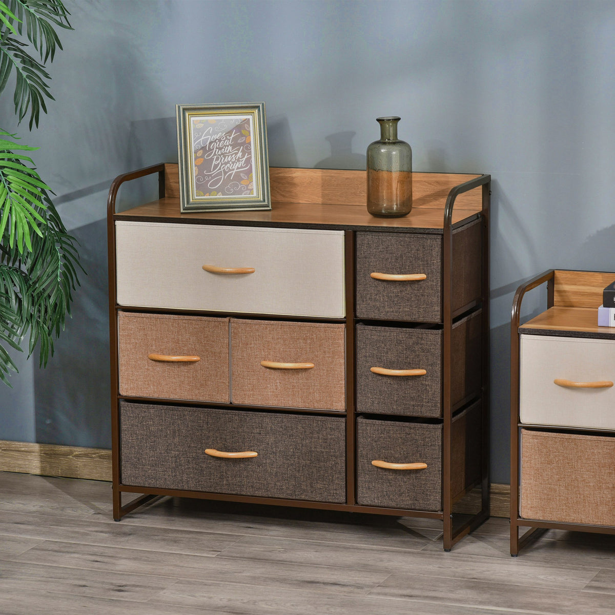 Kommode Schrank mit 7 Schubladen aus Leinen Schubladenschrank mit Metallrahmen für Wohnzimmer, 80x29x78,5 cm