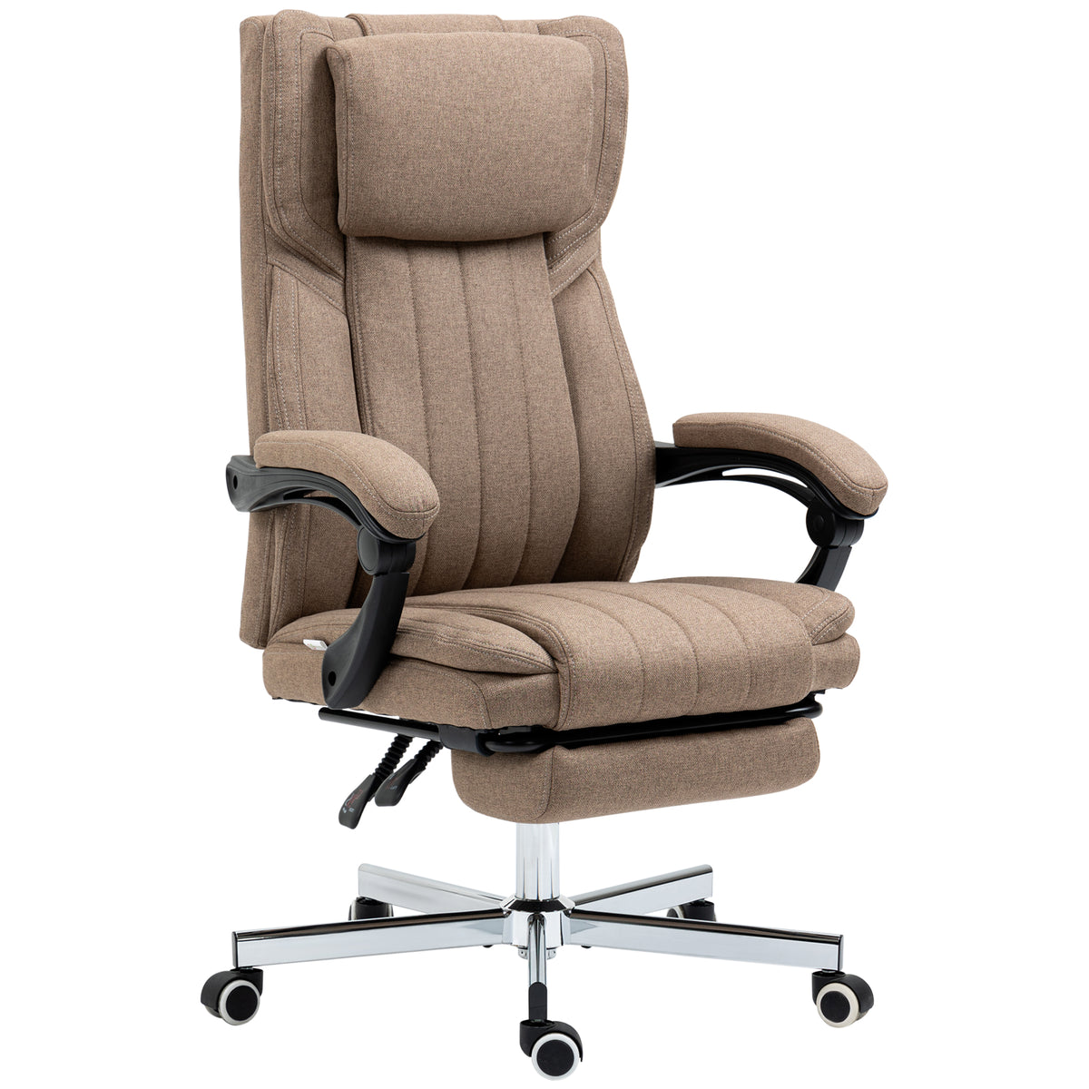 B¨¹rostuhl mit Massagefunktion, neigbare R¨¹cklehne, ausziehbare Fu?st¨¹tze, Leinenoptik, 65 x 61 x 118 cm, Braun