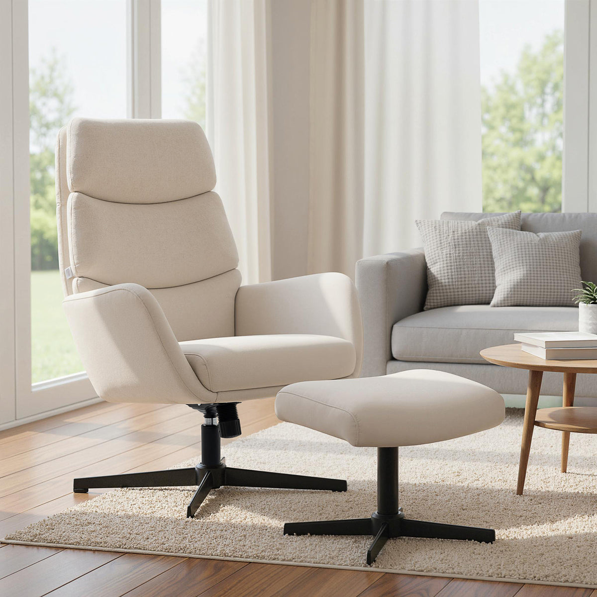 Polstersessel mit Fußhocker, Lounge-Sessel mit hoher Rückenlehne, Metallbasis, für Wohnzimmer, Schlafzimmer, Beige