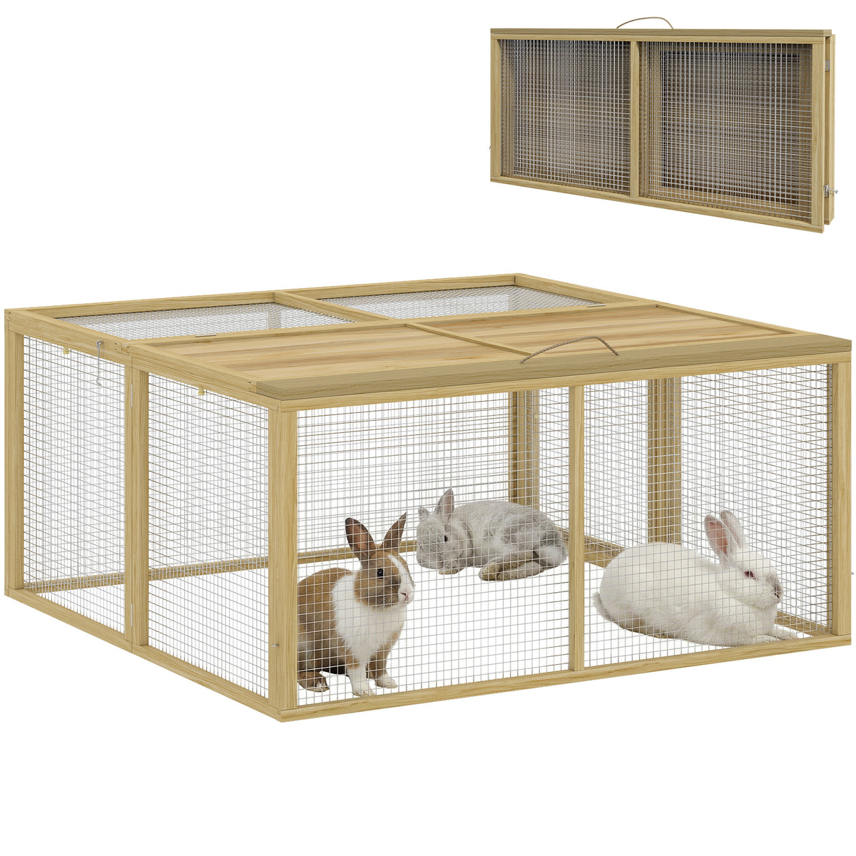 Wooden Folding Rabbit Hutch, for 2-3 Rabbits - Natural Wood