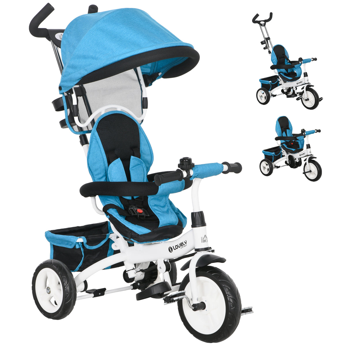 6 in 1 Kids Trike Push Bike w/ Push Handle, Canopy, 5-point Seat Belt, Storage, Footrest, Brake, for 1-5 Years, Blue