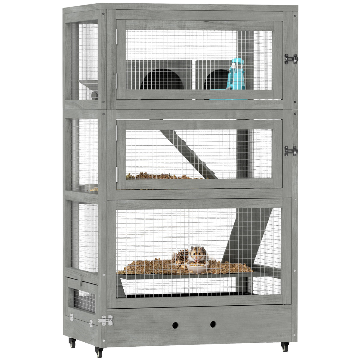 4-stufiger Hamsterkäfig aus Holz, mit Hütten, Wippe, Futterschalen, Rampen, Rollen, 65 x 45 x 109 cm, Grau