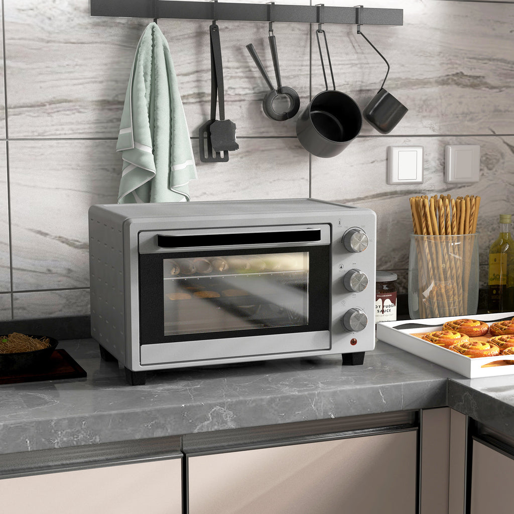 Minibackofen, 21 L Toasterofen mit 1 Drahtgestell und 1 Backblech, 3 Kochmodi, 100 °C-230 °C, Edelstahl, Glas, Silber