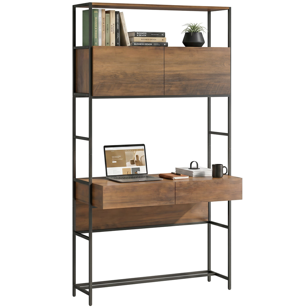 Computertisch mit Regalen und 2 Schubladen für das Home Office, 185 cm hoch, Braun Holzoptik