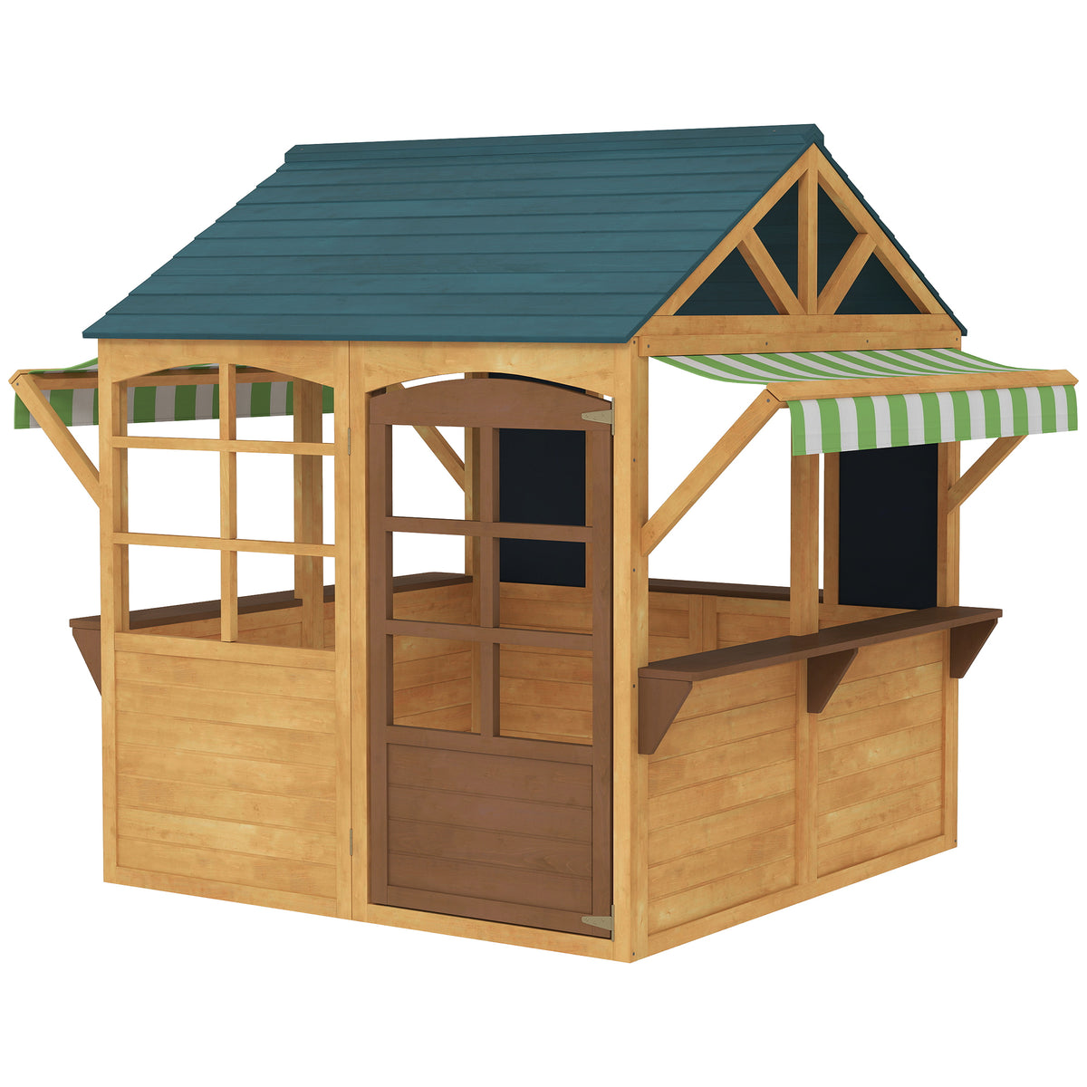 Kinderspielhaus aus Tannenholz, Faltbares Häuschen mit Fenstern, Tür, für Kinder im Alter von 3-8 Jahren, Braun+Blau