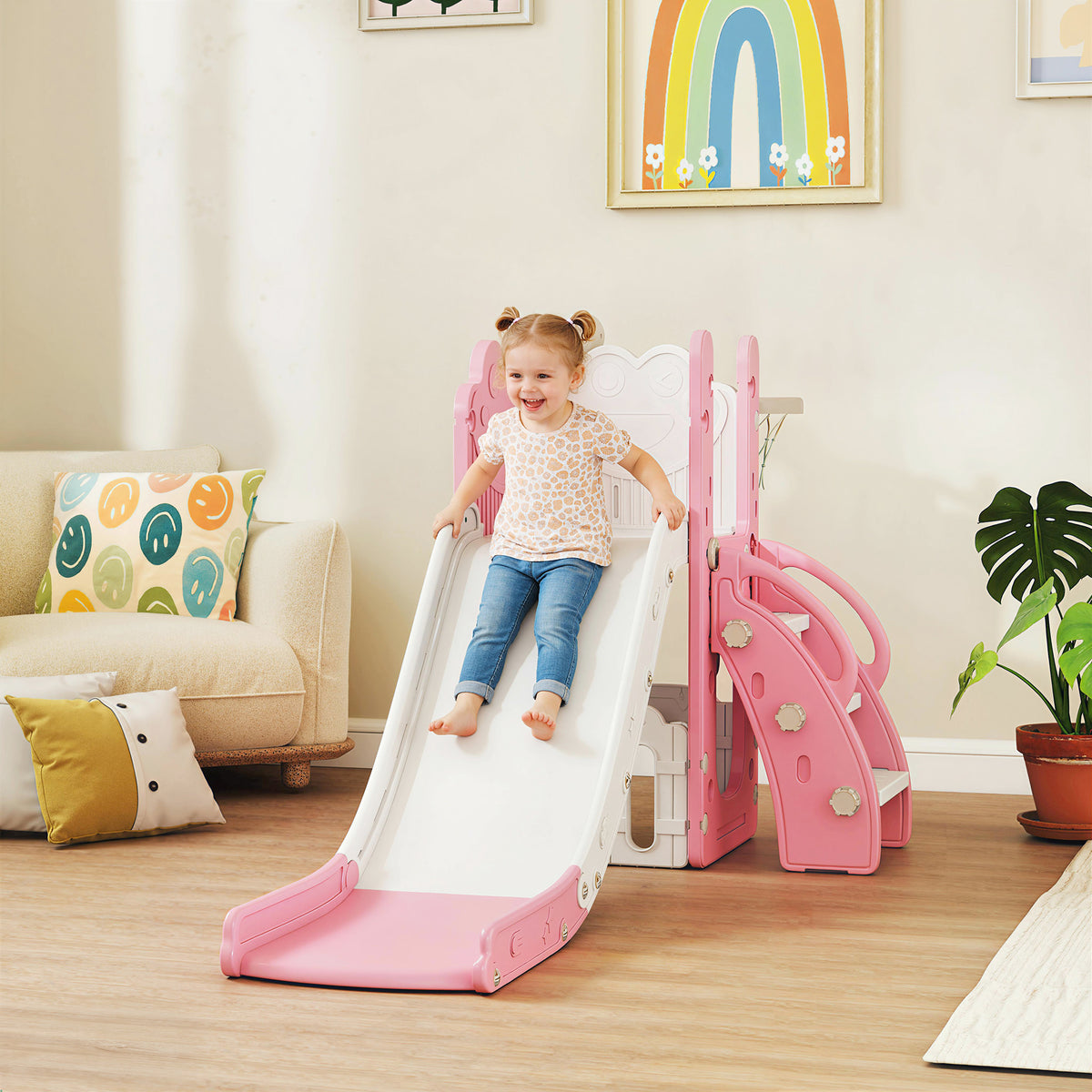 5 in 1 Kids Slide Set with Basketball Hoop, Climbing Frame, Telescope, Storage Box for Toddlers Ages 1-3, Pink