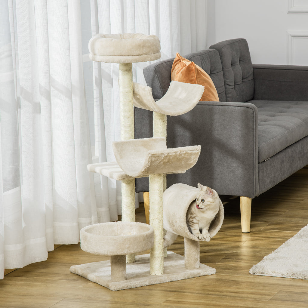 Kratzbaum 105cm Katzenbaum mit Tunnel, Plattformen Katzenkratzbaum mit Sisal-Kratzsäulen, für Katzen bis 5 kg, Beige