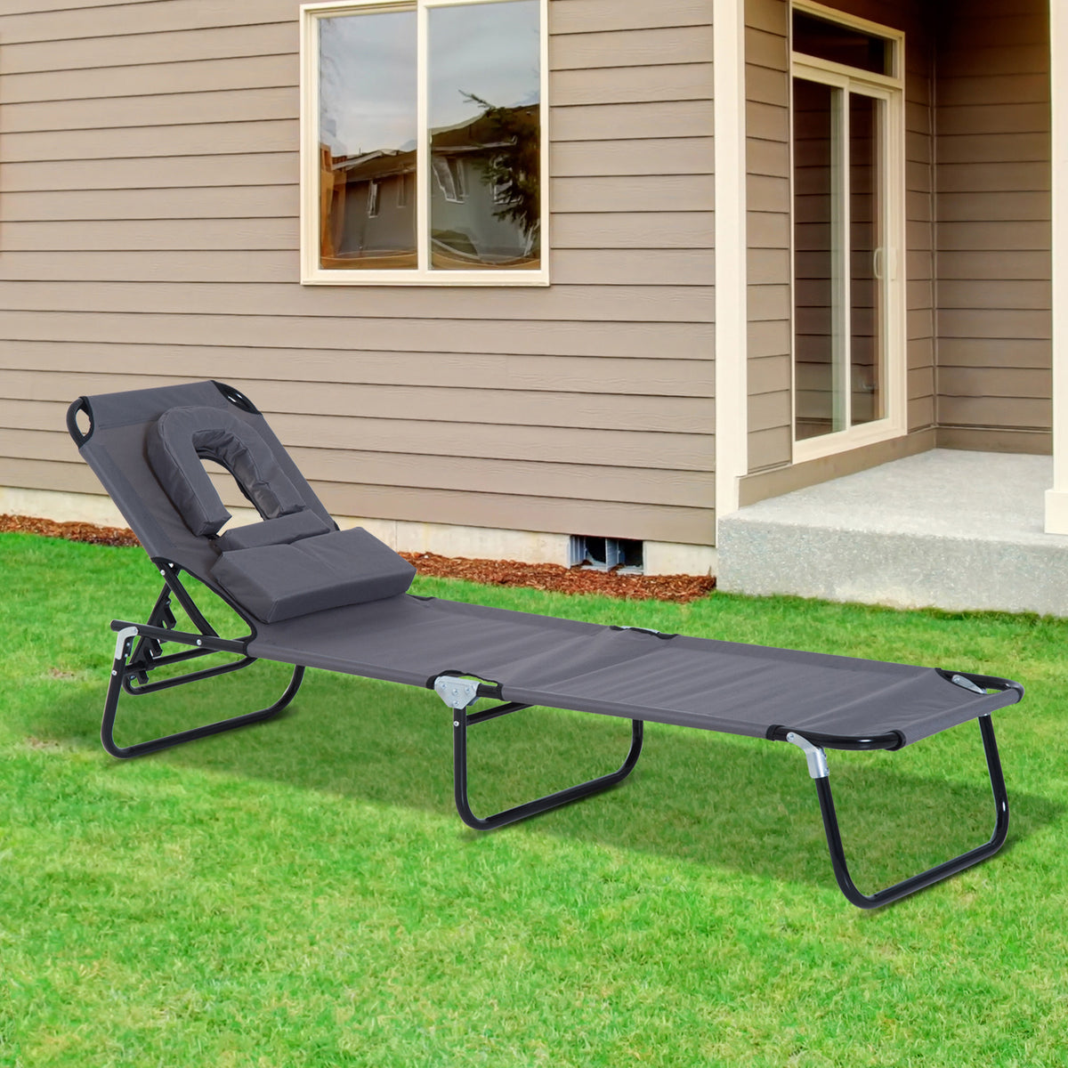 Sonnenliege klappbar Gartenliege mit Kopfkissen Liegestuhl mit 4-Fach verstellbare Rückenlehne Campingliege mit Gesichtsloch Gartenstuhl bis 120kg belastbar für Garten, Balkon Grau
