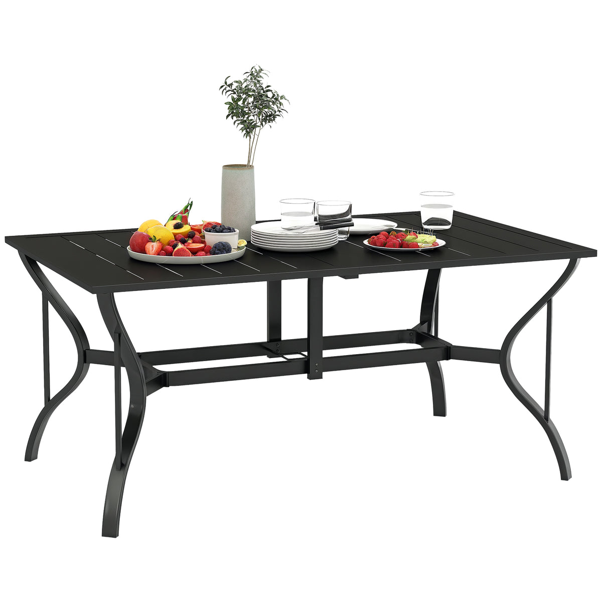Rectangle Garden Dining Table with Parasol Hole, Patio Table with Steel Frame and Slat Tabletop, 150cm x 90cm, Black