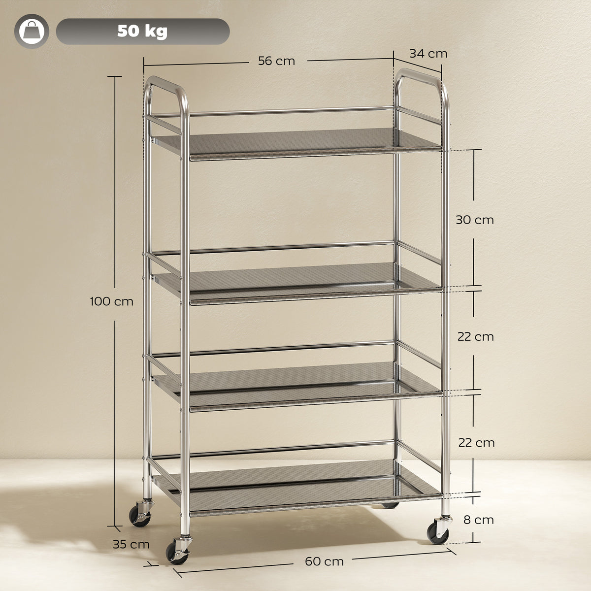 4 Tier Stainless Steel Kitchen Storage Trolley with Adjustable Shelves - Silver