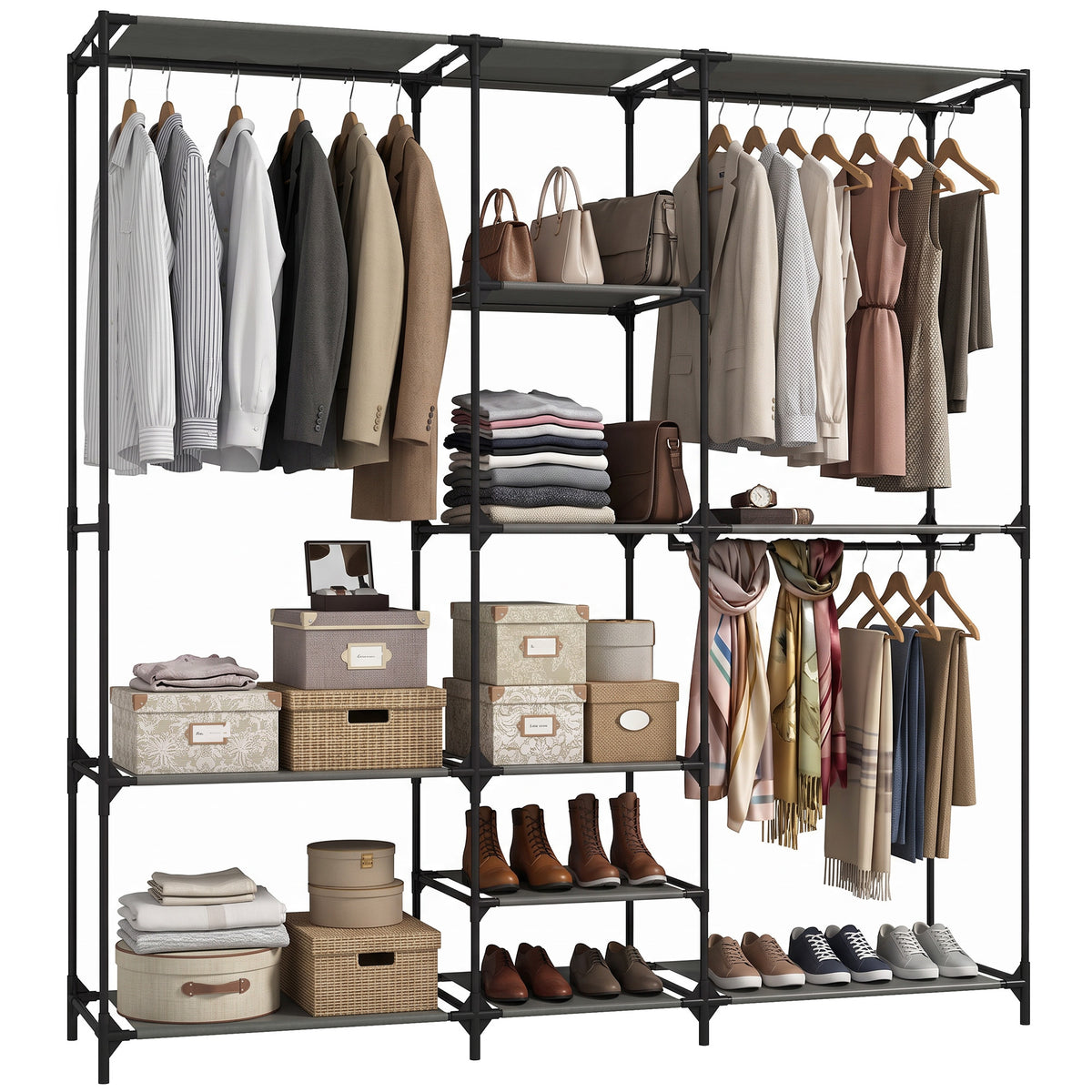 Textil-Kleiderschrank, tragbar, werkzeuglos, mit 3 Kleiderstangen und 5 Ablagen, 182 x 43 x 182 cm, Schwarz