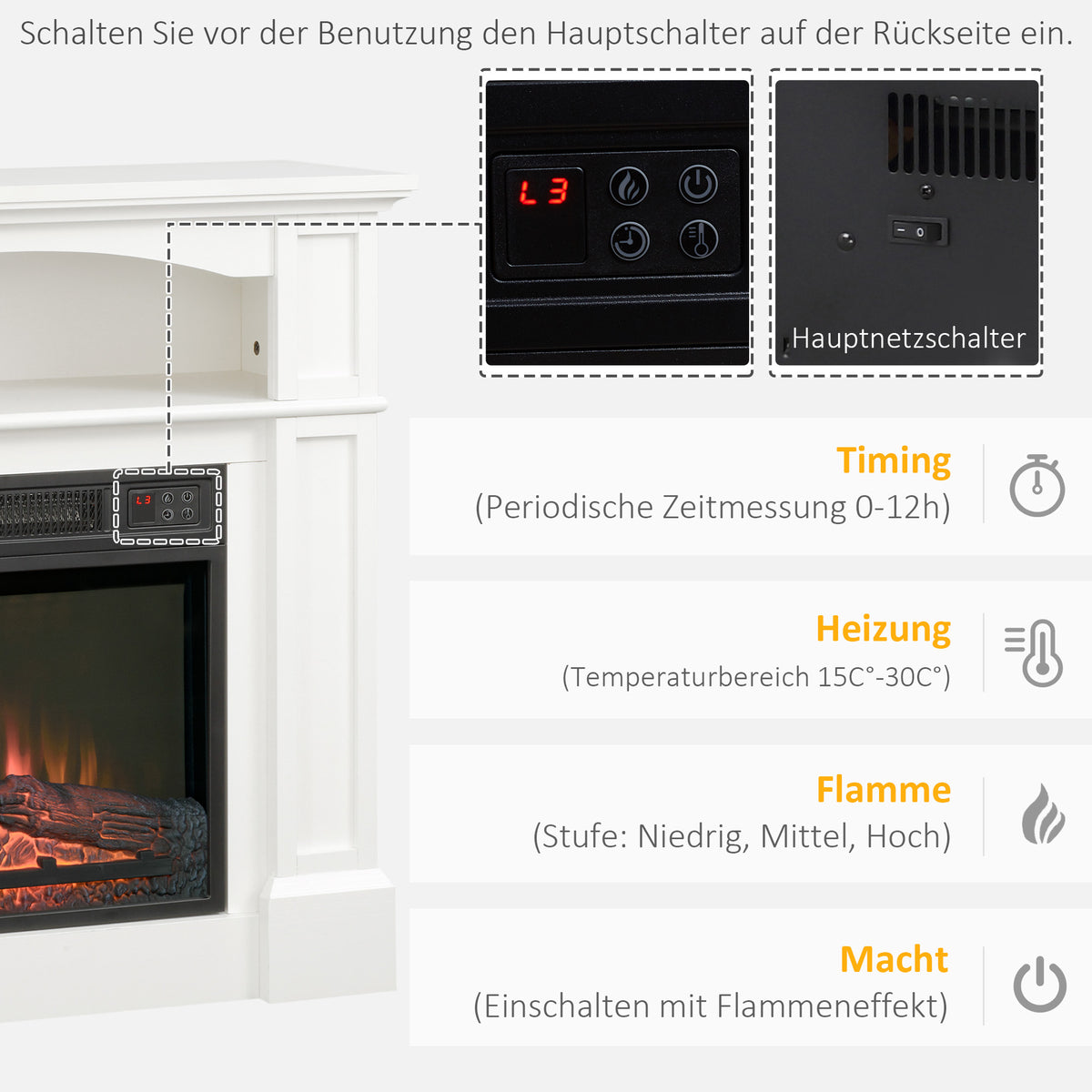 Elektrokamin mit 3D LED-Flammeneffekt, Heizkapazität 30 m², Fernbedienung, Weiß/Schwarz