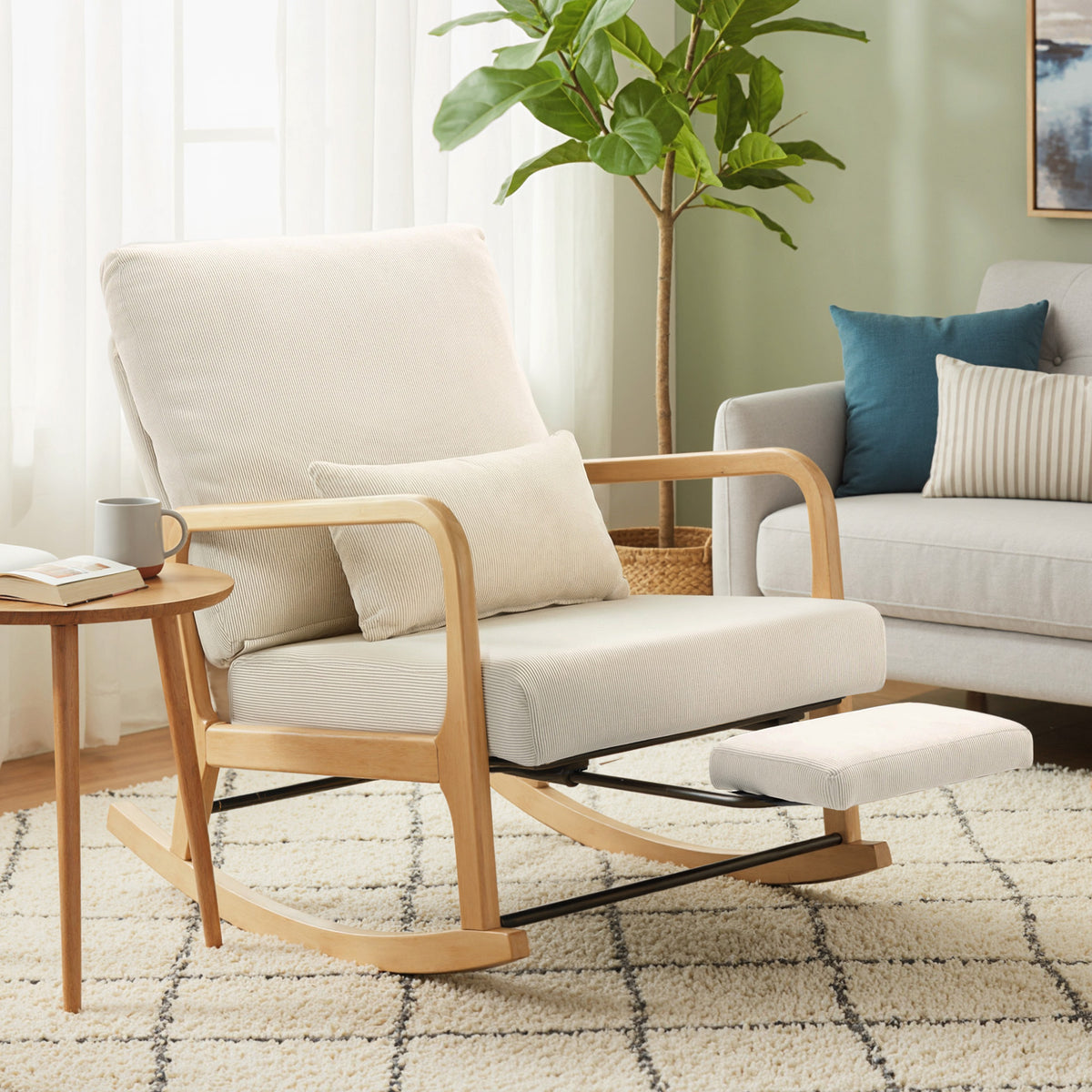Schaukelstuhl Schaukelsessel mit Fußstütze verstellbar Rückenlehne Lendenkissen für Wohnzimmer, Schlafzimmer, Creme