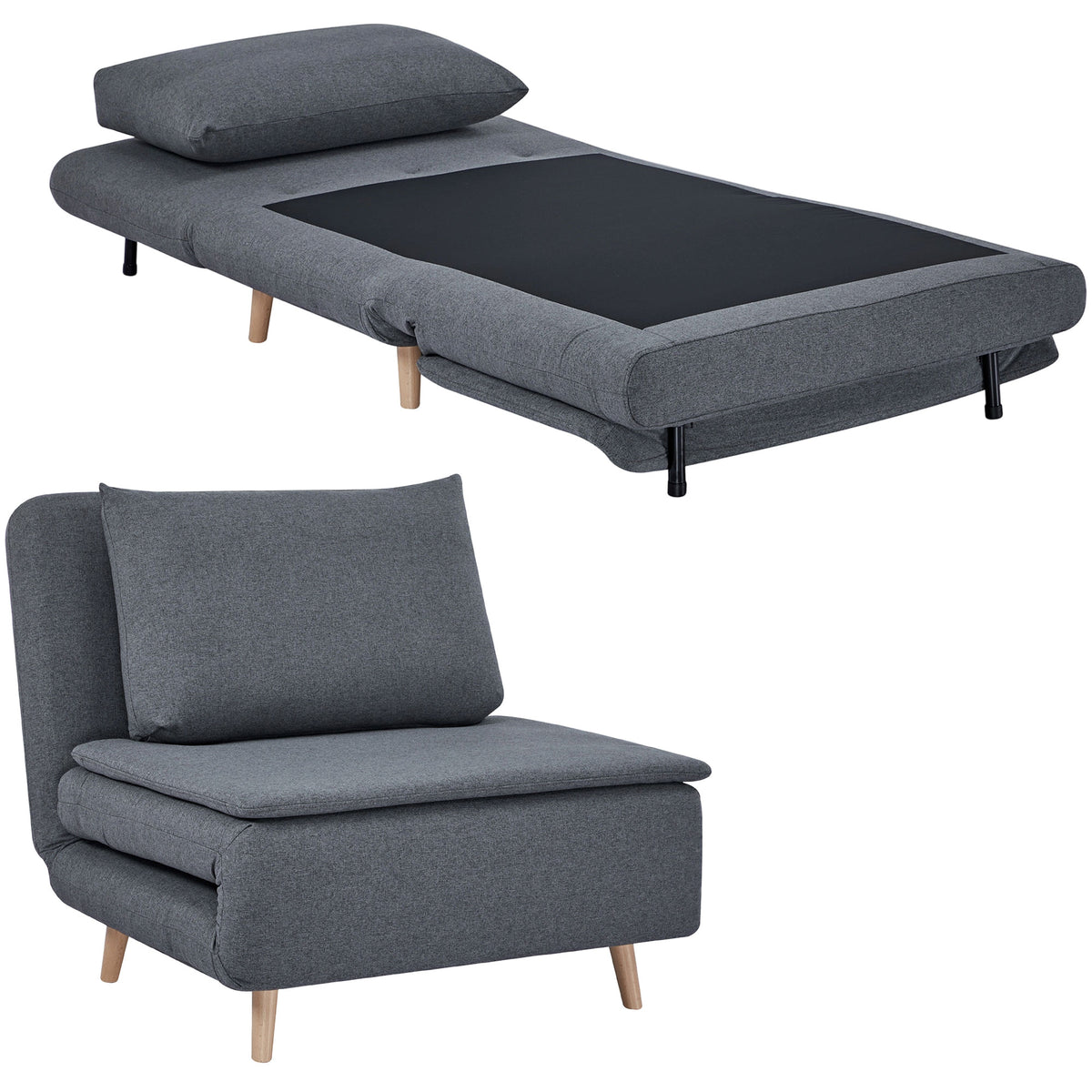 3-in-1 Schlafsessel mit Bett-Funktion, Liegesessel, verstellbare Rückenlehne, Buchenholzbeine, Kissen, Grau