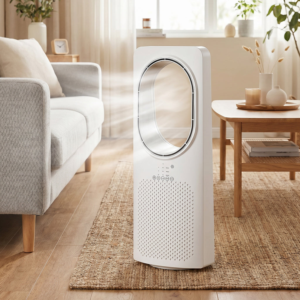 Bladeless Turmventilator für Schlafzimmer, 36 dB Standventilator mit 45° Oszillation, 3 Geschwindigkeiten, 3 Modi, 15-Stunden-Timer, Weiß