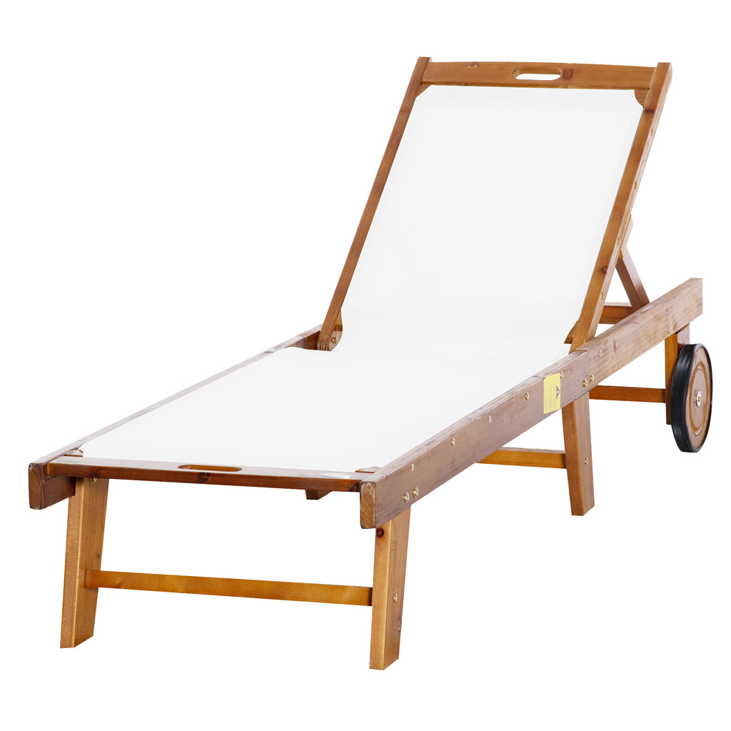 Outdoor Acacia Wood Texteline Beach Sun Lounger Garden Patio Sunbed Recliner Chaise Adjustable Backrest with Wheels