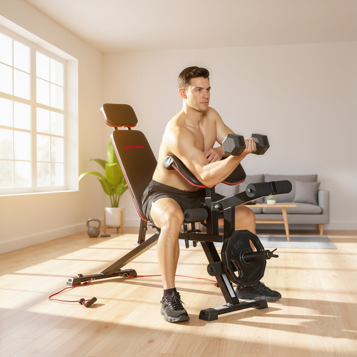 Hantelbank verstellbar bis 300 kg 3 in 1 Trainingsbank mit Rollen Beinstrecker Curlpult Kopfstütze Widerstandsbändern