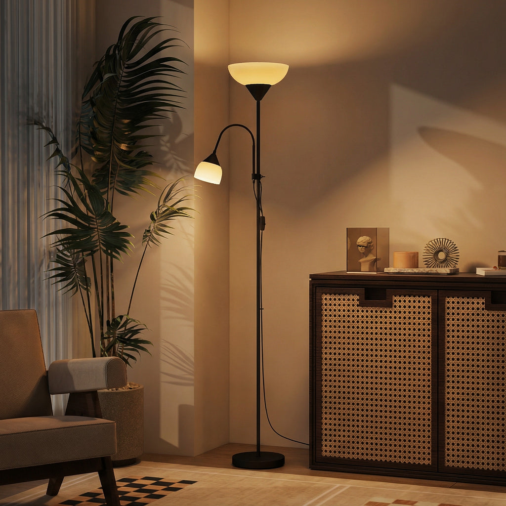 Uplighter, Mutter-und-Kind-Stehlampe, hohe Lampe mit 3 Farbtemperaturen und flexiblem Schwanenhals, Schwarz