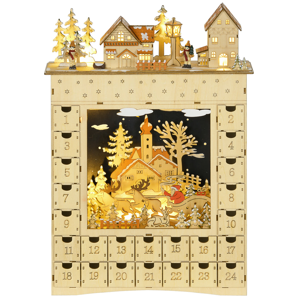 Adventskalender zum Befüllen 24 Schubladen Fächer Weihnachtskalender mit LED-Lichtern Naturholz 36 x 9 x 52 cm