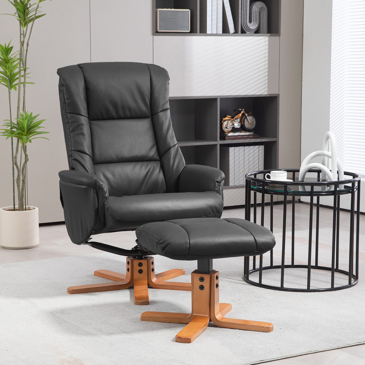 Relaxsessel mit Hocker, Liegefunktion, Kunstlederbezug, bis 150 kg, 71 x 84 x 102 cm, Schwarz