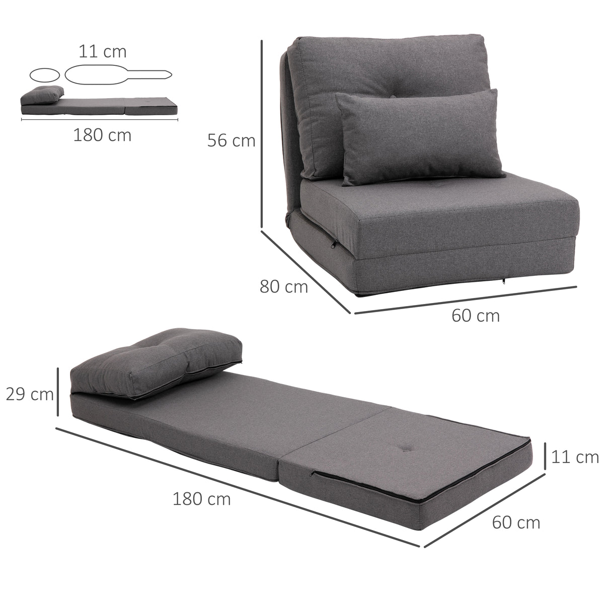 Bodensessel Klappmatratze Schlafmatte, 2-in-1-Design, abnehmbares Kissen, 60 x 80 x 56 cm, Dunkelgrau