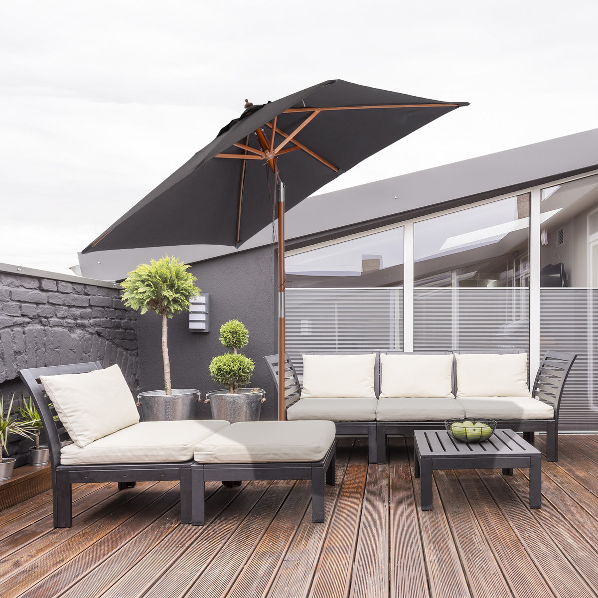 2m Tilting Wooden Pole Parasol - Deep Grey