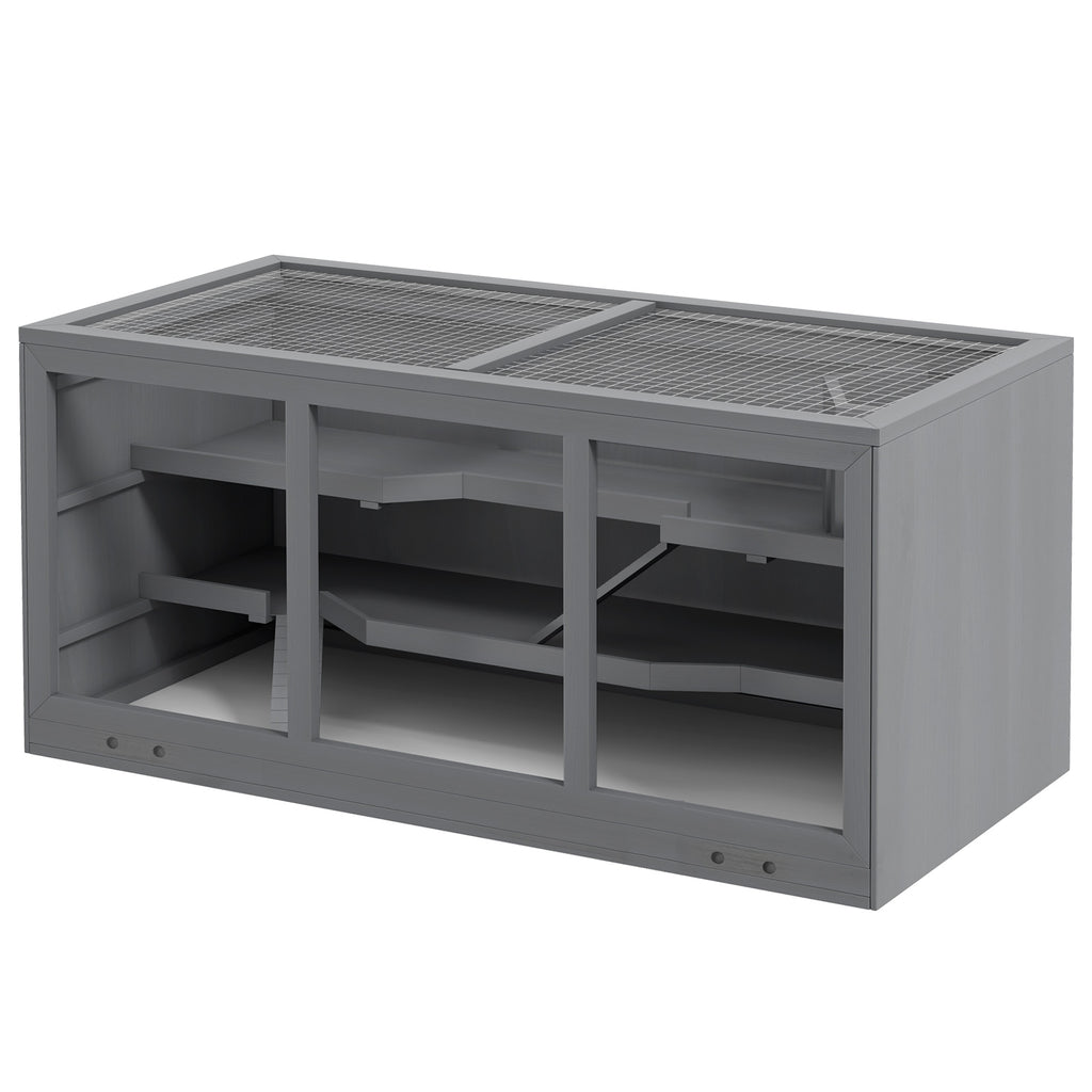 Wooden Hamster Cage, Small Animals Hutch with Tray, Openable Top, Exercise Play House Pen, 115L x 57W x 55Hcm, Grey