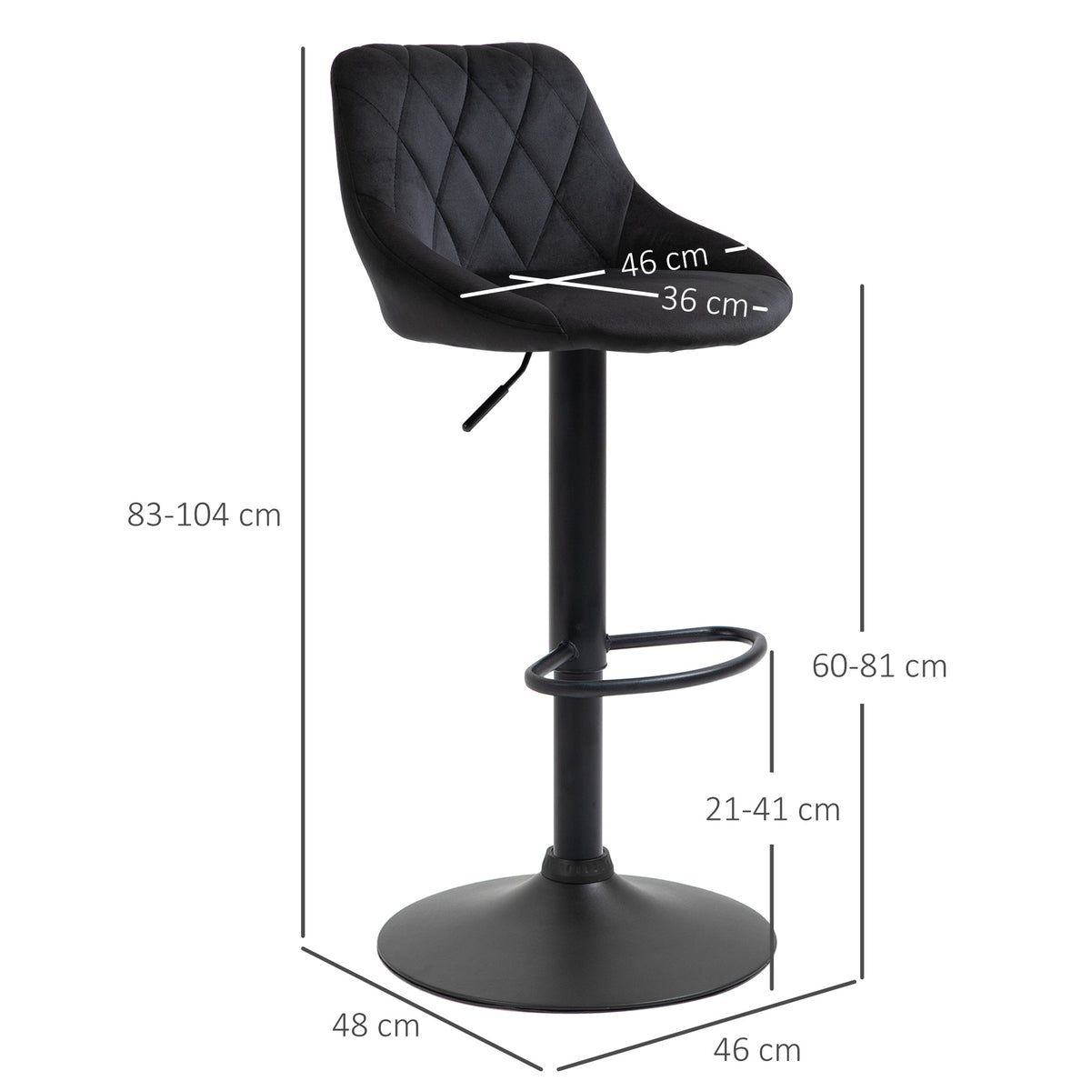 Barhocker 2er Set Höhenverstellbar Drehbar Barstühle mit Samtoptik Tresenhocker mit Rückenlehne mit Diamant-Tufting und Fußstütze für Bar, Theke, Esszimmer, Stahl Schwarz