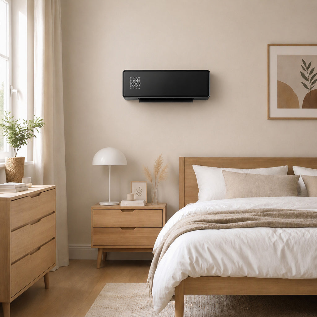 Wandmontierter 2000W Keramik Elektroheizer, Ventilator, Thermostat, Timer, Fernbedienung, Glaspaneel, Schwarz