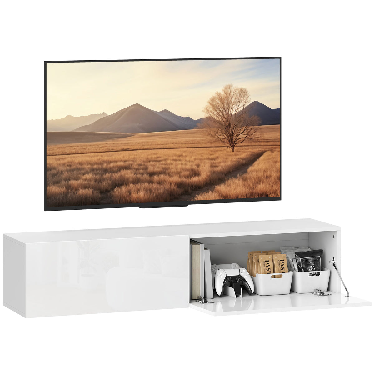 Wandmontierter TV-Schrank, schwebende TV-Kommode mit viel Ablagefl?che und Stauraum, Spanplatte, Wei?