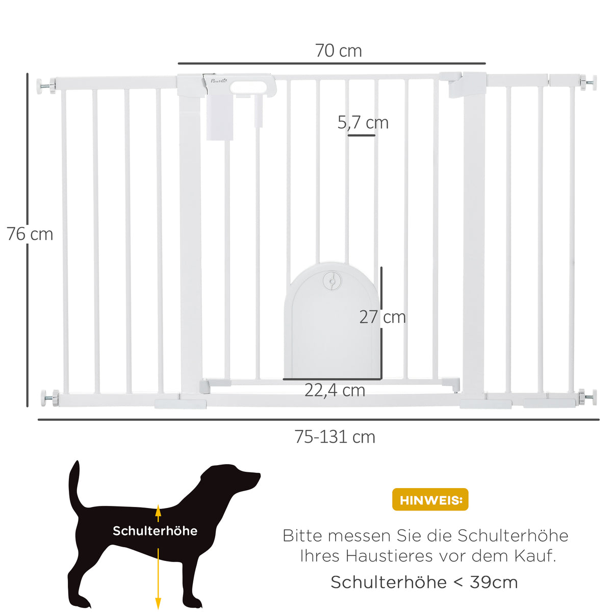 Türschutzgitter Treppenschutzgitter Hunde Absperrgitter Schutzgitter für Haustier Hundegitter Klemmbefestigung Stahl Weiß 75-131 x 76 cm