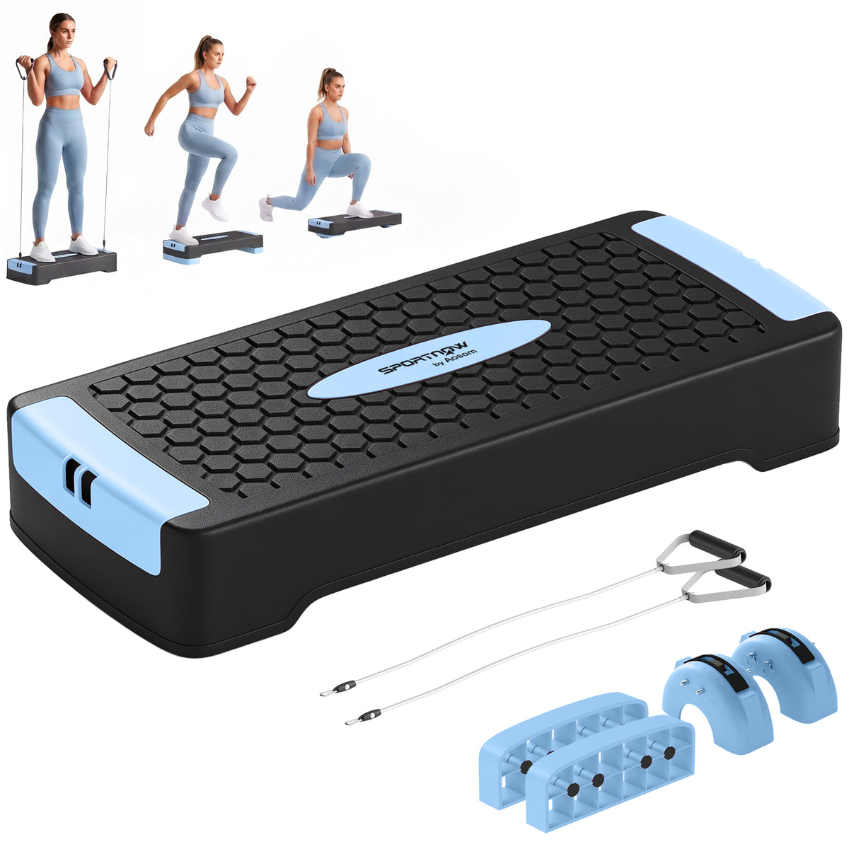 Steppbrett höhenverstellbar Fitness Aerobic Stepper mit 2 Stufen (11/16 cm) 2 Widerstandsbändern, Anti-Rutsch-Matte Blau