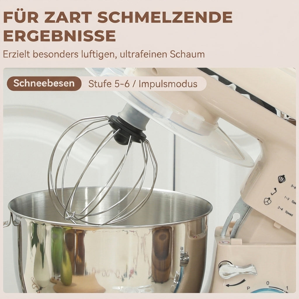 Küchenmaschine Knetmaschine mit 4,5L Edelstahlschüssel 1300W Teigmaschine mit 6+P Geschwindigkeit Beige