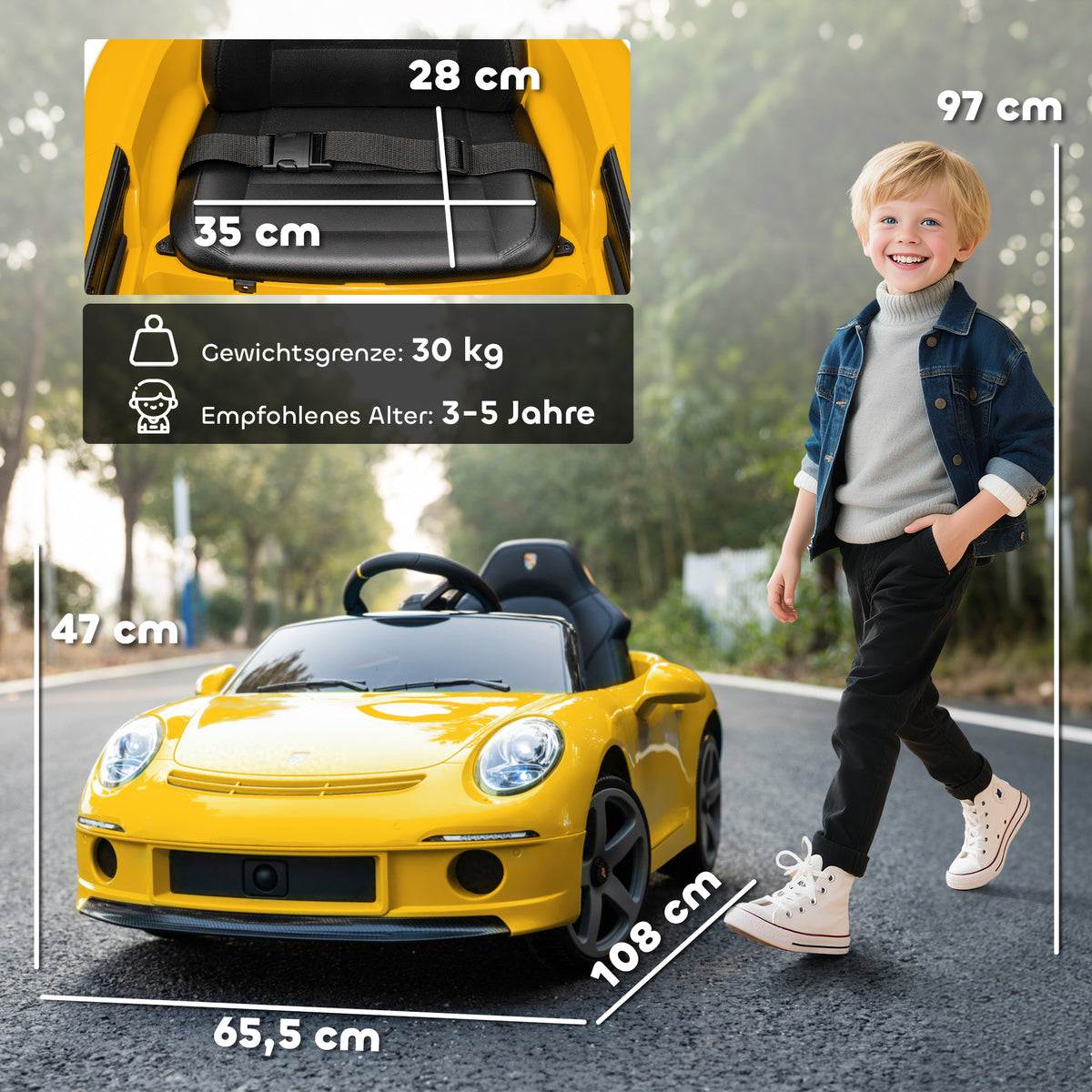 Elektrisches Aufsitzauto f¨¹r Kinder, fernsteuerbar, Musik, Hupe, USB, Sicherheitsgurt, f¨¹r 3-5 Jahre, Gelb