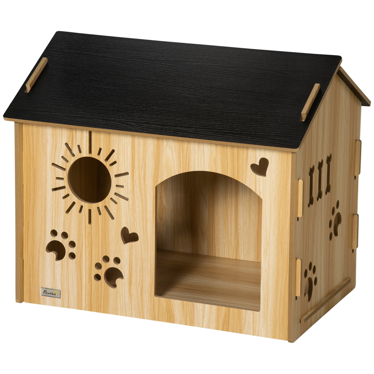 Hundehütte, mit Lüftungsöffnungen, wetterfest, Holzmaterial, Schwarz+Holzfarbe, 69 x 50 x 58,5 cm