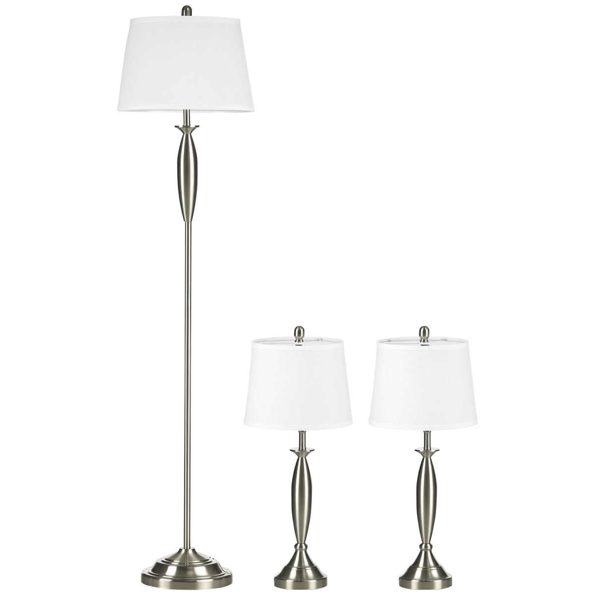 3-teiliges Leuchten-Set. 1 Stehleuchte, 2 Tischleuchten, Leinenoptik; 38 cm x 38 cm x 158 cm, Silber + Weiß