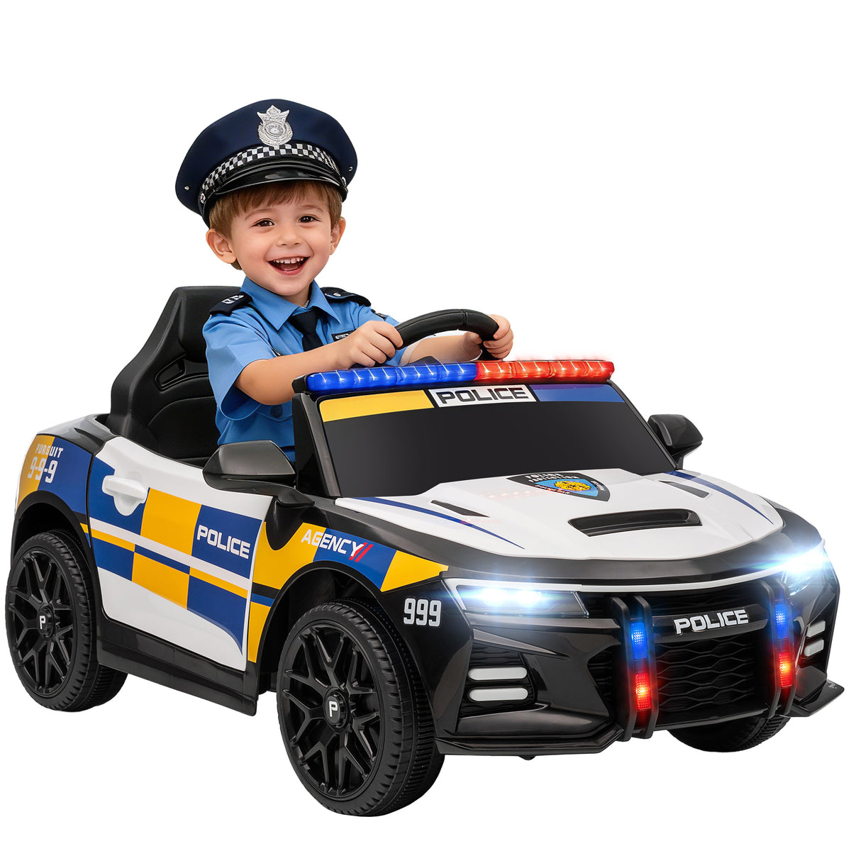 12V Kinder Elektroauto Polizei Polizeiauto mit Fernbedienung Sirene Warnlicht Musik & Hupe Doppelmotoren Federung Weiß