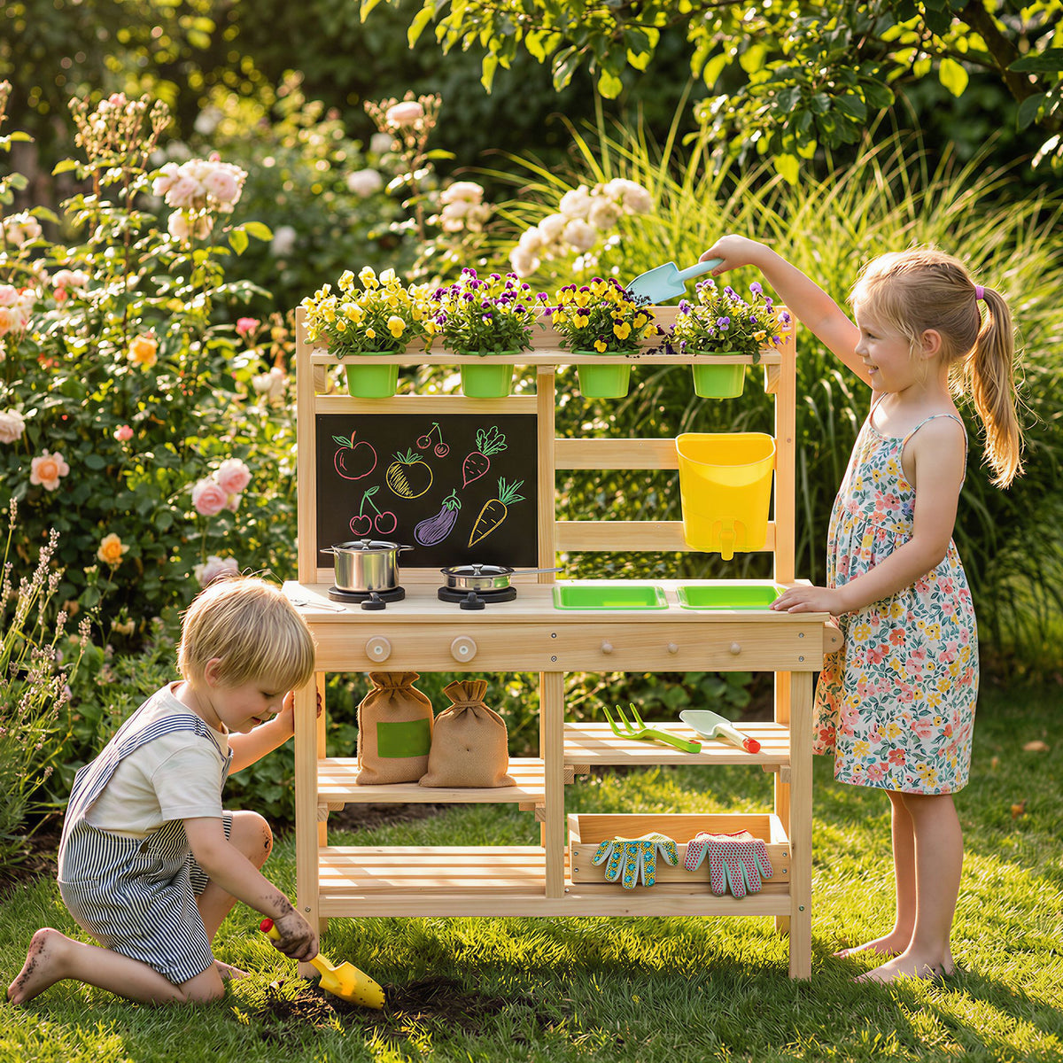 Kids Mud Kitchen, Outdoor Wooden Play Kitchen with Kitchenware & Garden Tools, Pretend Play Outdoor Toys, Natural