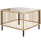 Polyrattan Gartentisch, 65 x 65 x 43 cm, wetterfest Beistelltisch quadrarisch mit Glasplatte Naturholz