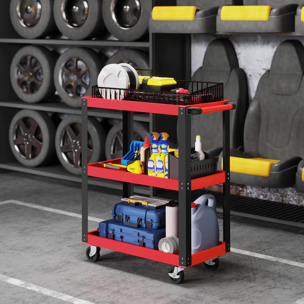 Werkzeugwagen mit 3 Ebenen, Metallrahmen, 120 kg Belastbarkeit, Rollen, Griff, Rot