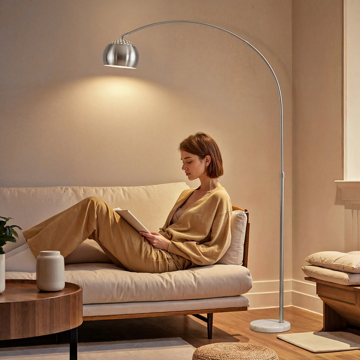 Stehlampe, Bogen-Design mit Marmorsockel, 167 cm, Silber
