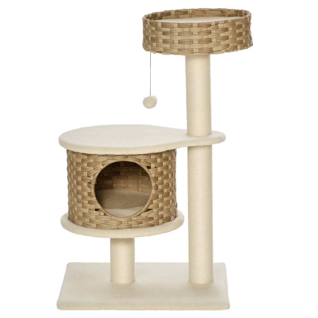  Kratzbaum 95 cm Katzenturm mit Höhle, Spielball, Sisalstämme, große Plattform, mehrstöckiger Katzenkratzbaum, Kletterbaum, für Katzen unter 5 kg, Natur+Beige